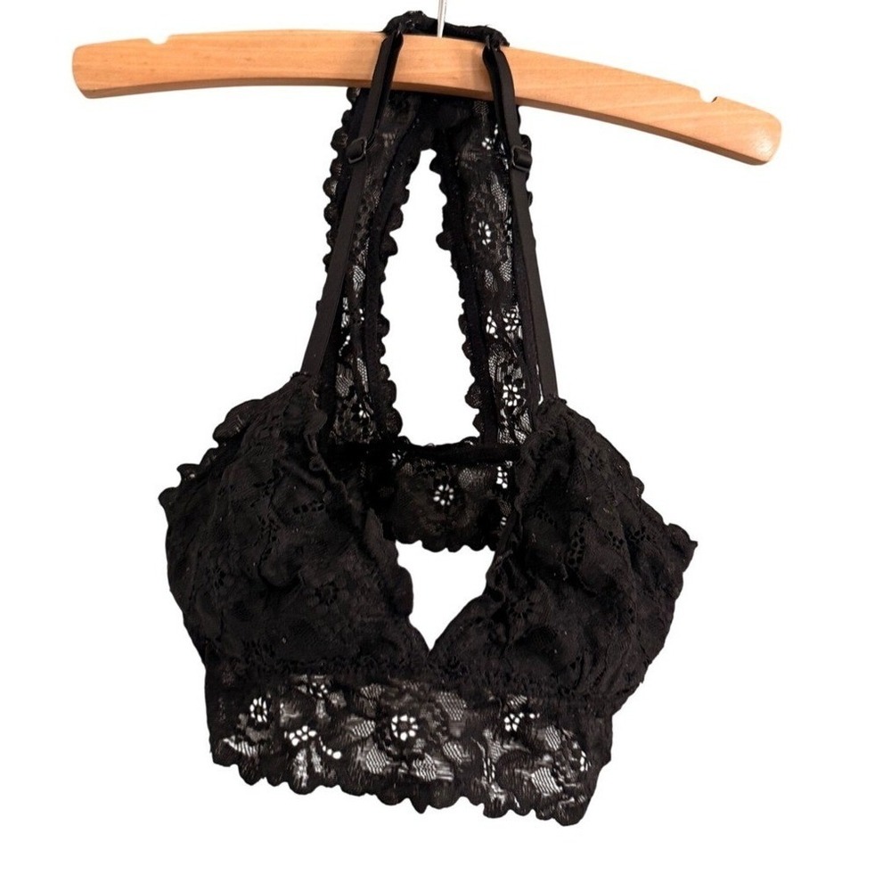 Aerie Bralette Womens Small Black Floral Lace Halter Keyhole Wireless Unlined